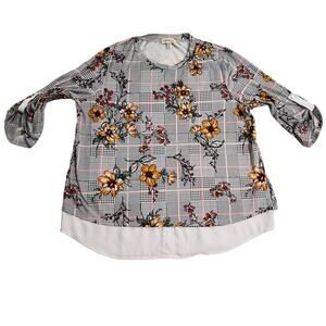 Faith and Joy by Monteau Top Woman’s 1X Floral Check Black Red Yellow Stretch